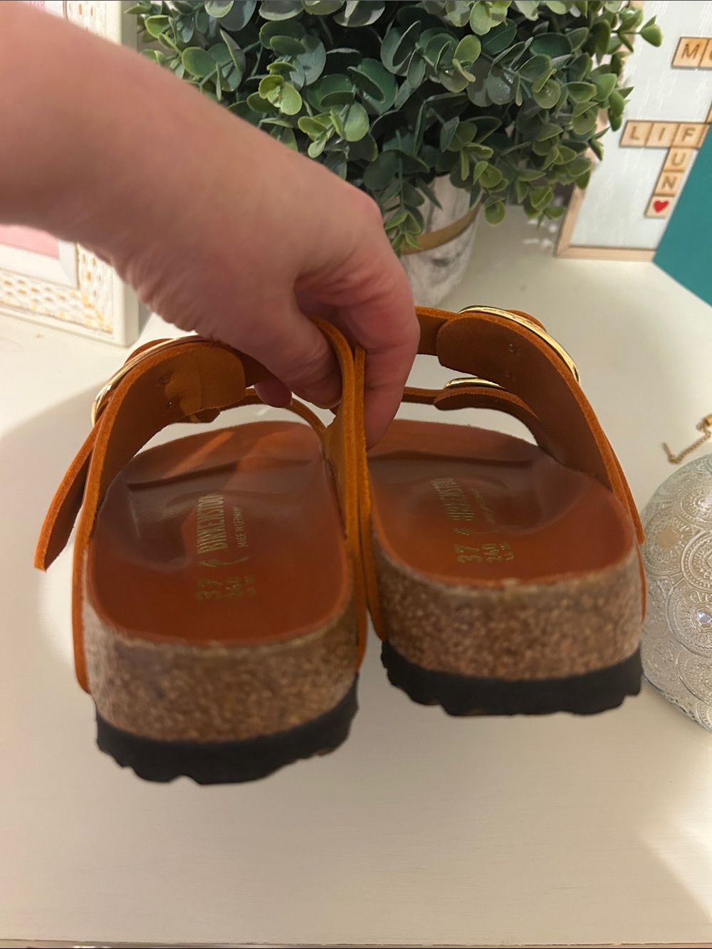 Birkenstock 37 Arizona Orange Leather Double Buckle Slide Sandals NWOT - Picture 3 of 7